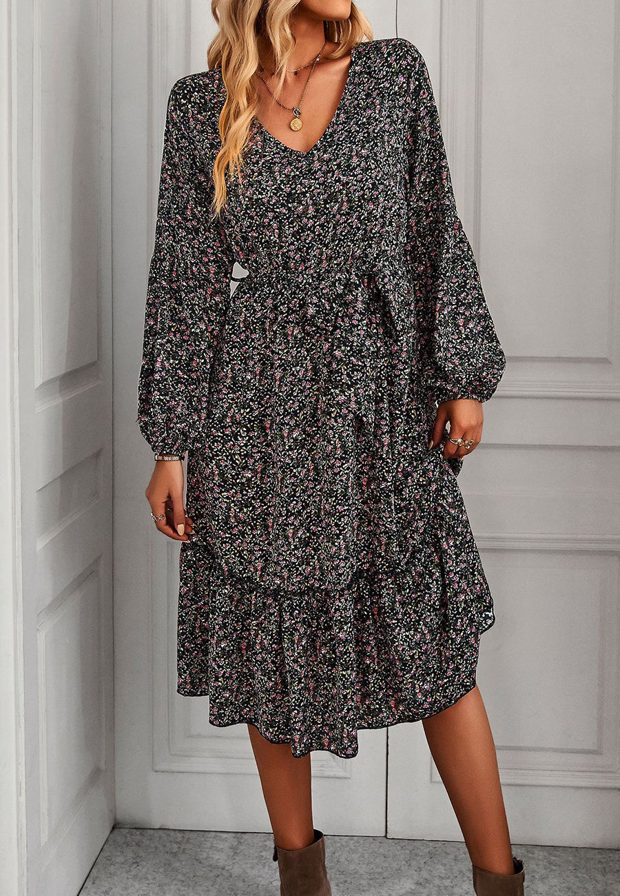 Floral Polyester Midi Dress with V-Neckline