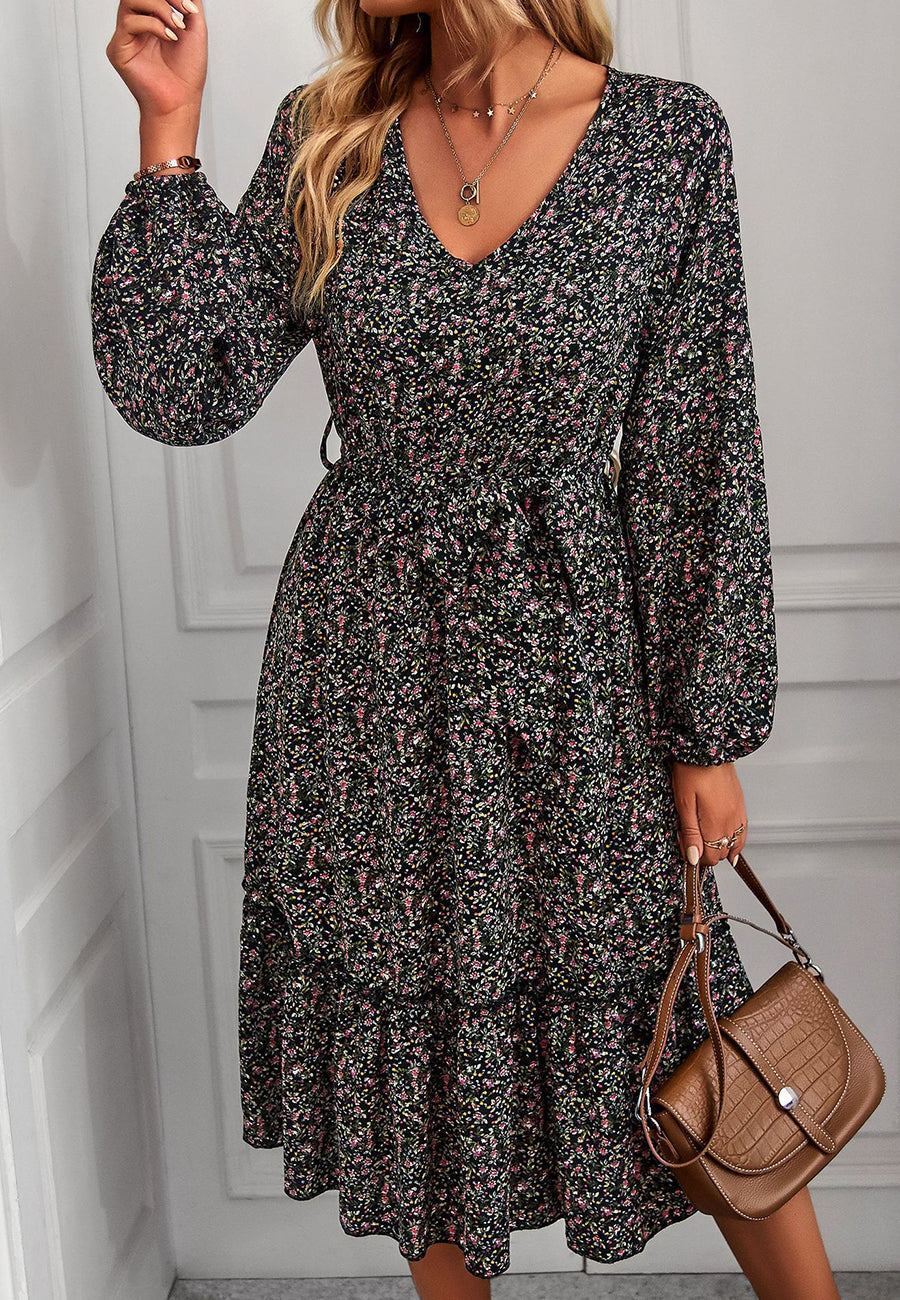 Floral Polyester Midi Dress with V-Neckline