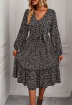 Floral Polyester Midi Dress with V-Neckline