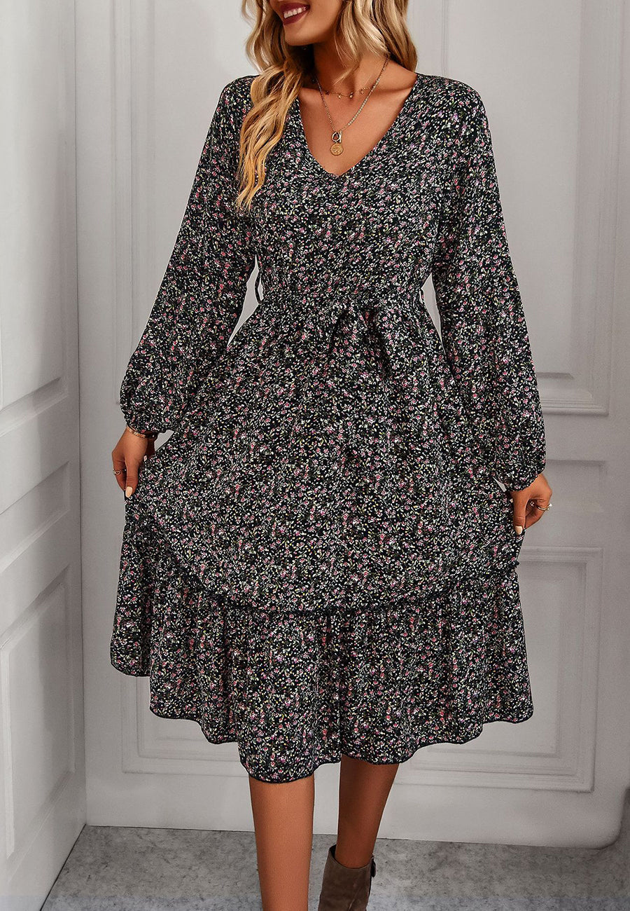 Floral Polyester Midi Dress with V-Neckline