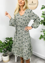 Floral Polyester Midi Dress with V-Neckline