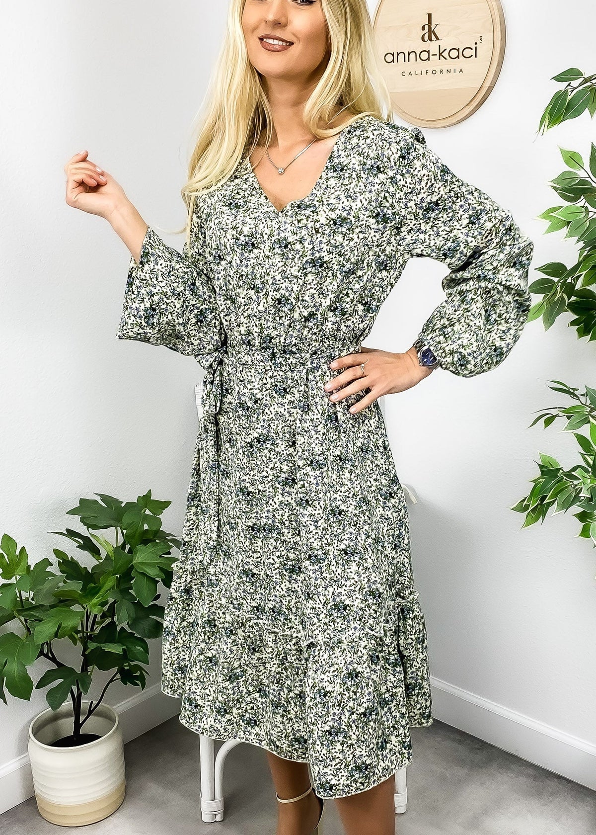 Floral Polyester Midi Dress with V-Neckline