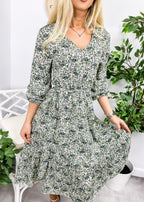 Floral Polyester Midi Dress with V-Neckline