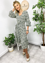 Floral Polyester Midi Dress with V-Neckline