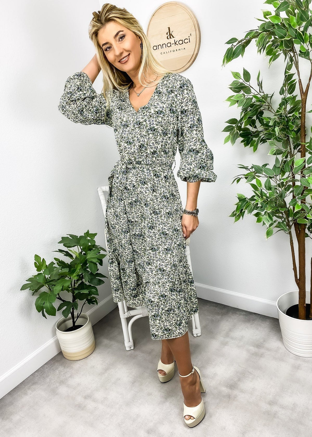Floral Polyester Midi Dress with V-Neckline
