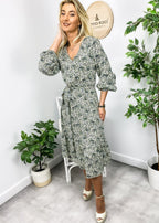 Floral Polyester Midi Dress with V-Neckline