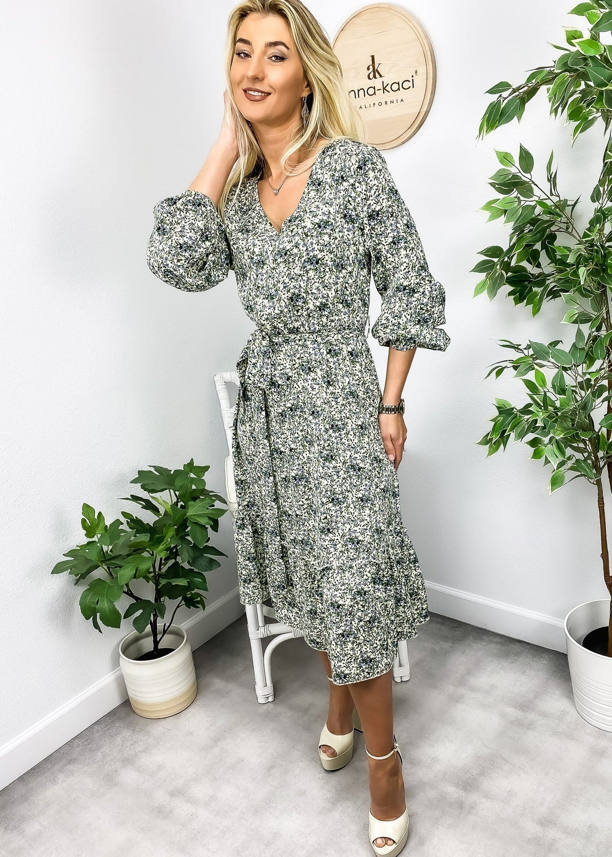 Floral Polyester Midi Dress with V-Neckline