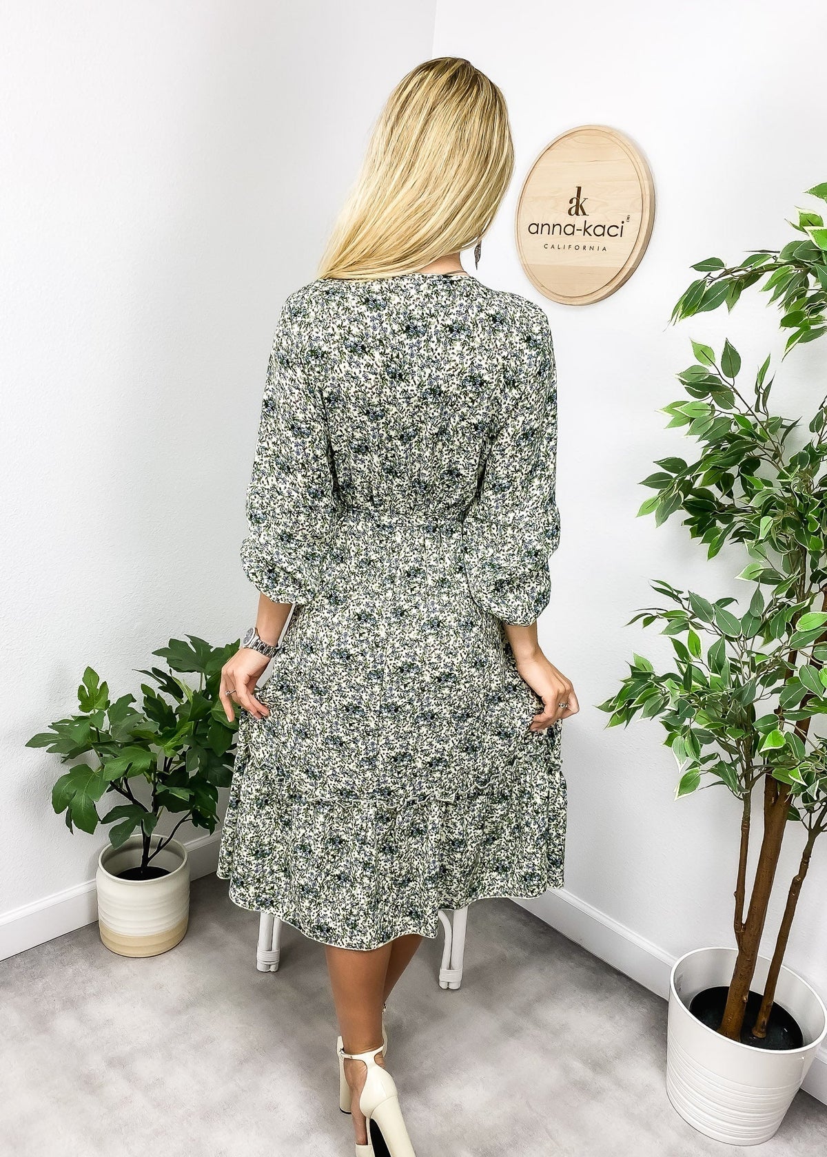 Floral Polyester Midi Dress with V-Neckline