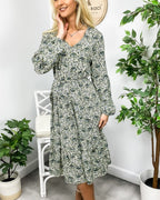 Floral Polyester Midi Dress with V-Neckline