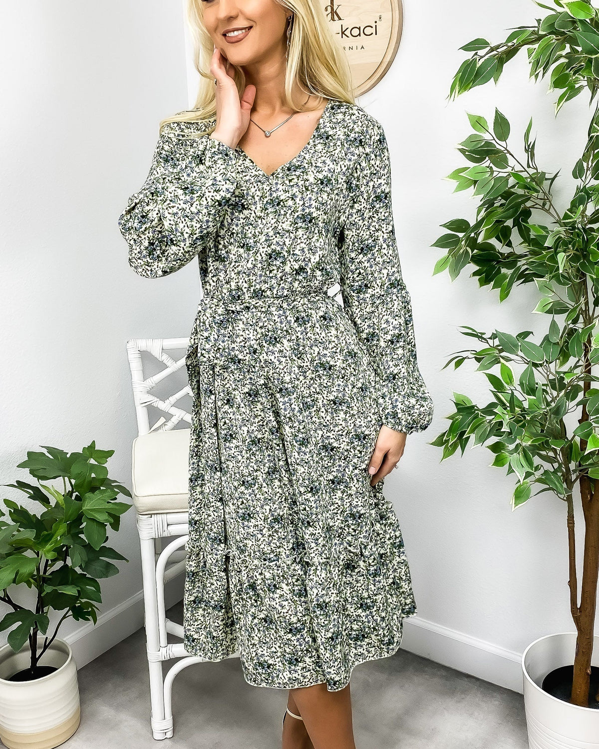 Floral Polyester Midi Dress with V-Neckline