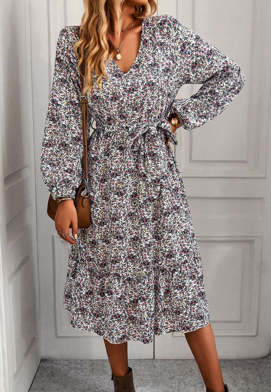 Floral Polyester Midi Dress with V-Neckline