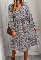 Floral Polyester Midi Dress with V-Neckline