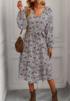 Floral Polyester Midi Dress with V-Neckline