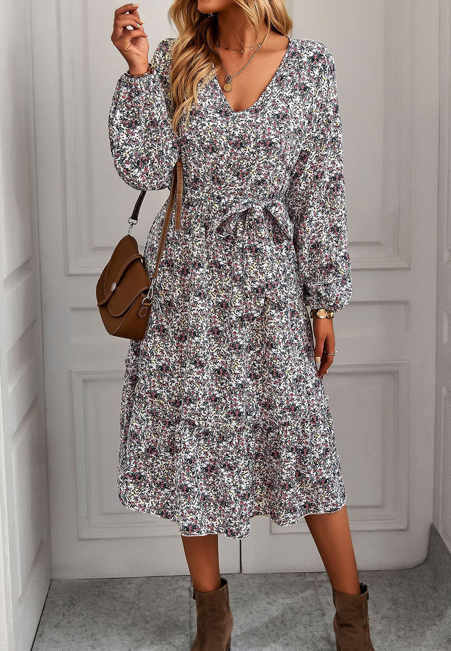 Floral Polyester Midi Dress with V-Neckline
