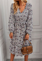Floral Polyester Midi Dress with V-Neckline