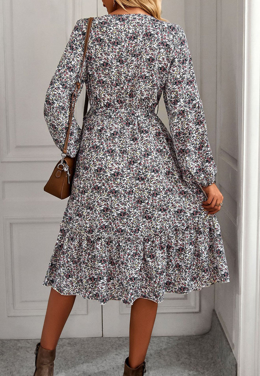 Floral Polyester Midi Dress with V-Neckline