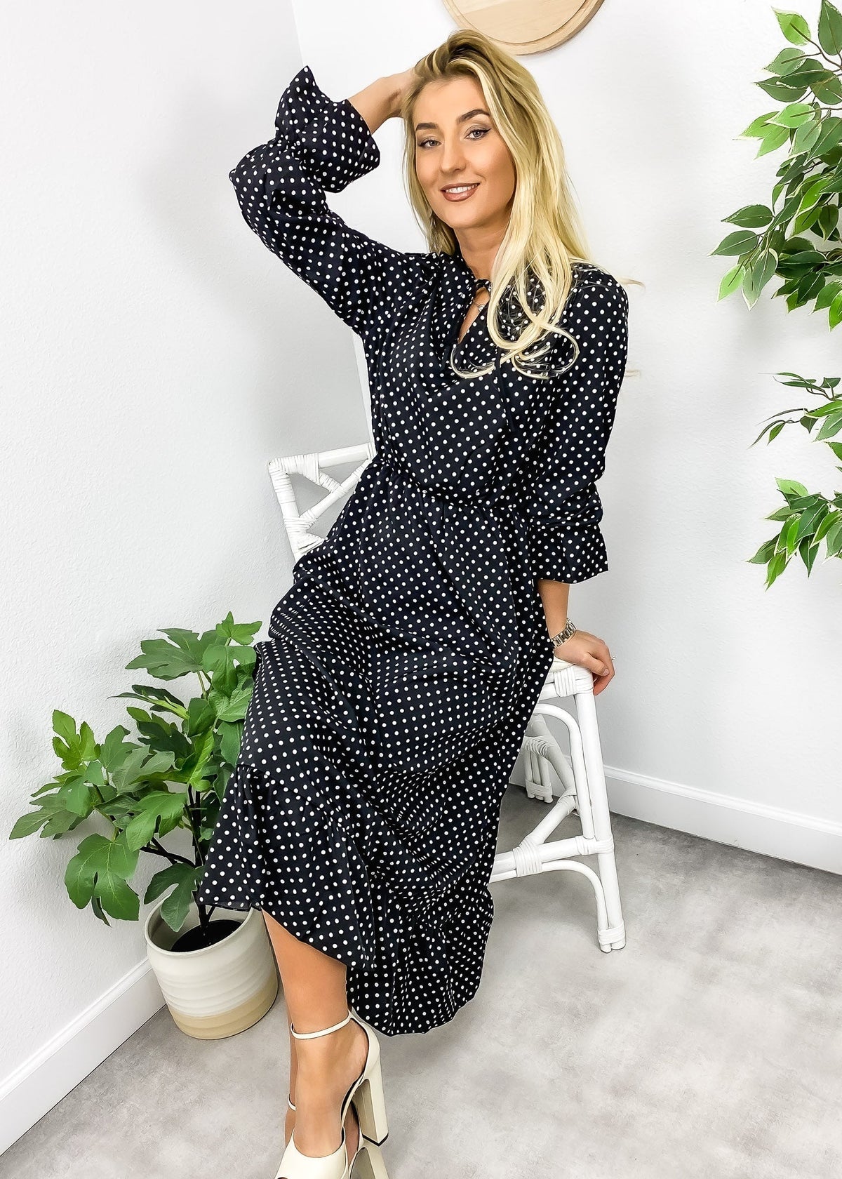 Polka-Dot Polyester Ruffled Midi Dress