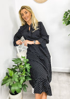 Polka-Dot Polyester Ruffled Midi Dress