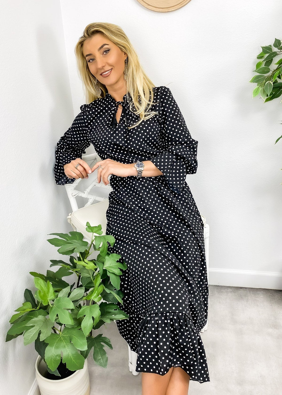 Polka-Dot Polyester Ruffled Midi Dress