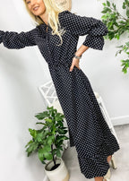 Polka-Dot Polyester Ruffled Midi Dress