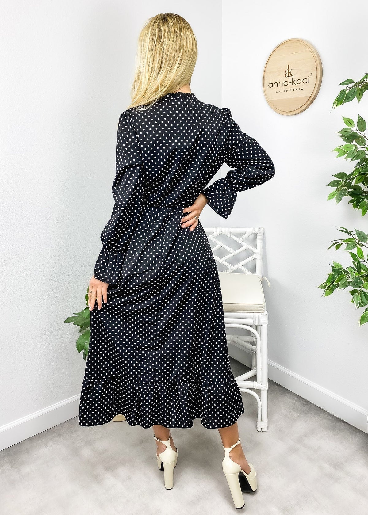Polka-Dot Polyester Ruffled Midi Dress