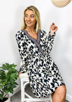 Abstract-Print Polyester Dress with Contrast Details