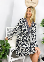 Abstract-Print Polyester Dress with Contrast Details
