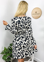 Abstract-Print Polyester Dress with Contrast Details