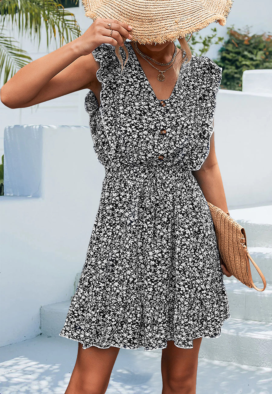 Floral Polyester Dress with V-Neckline