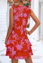 Stretch-Blend Floral Polyester Dress with Ruffle Details
