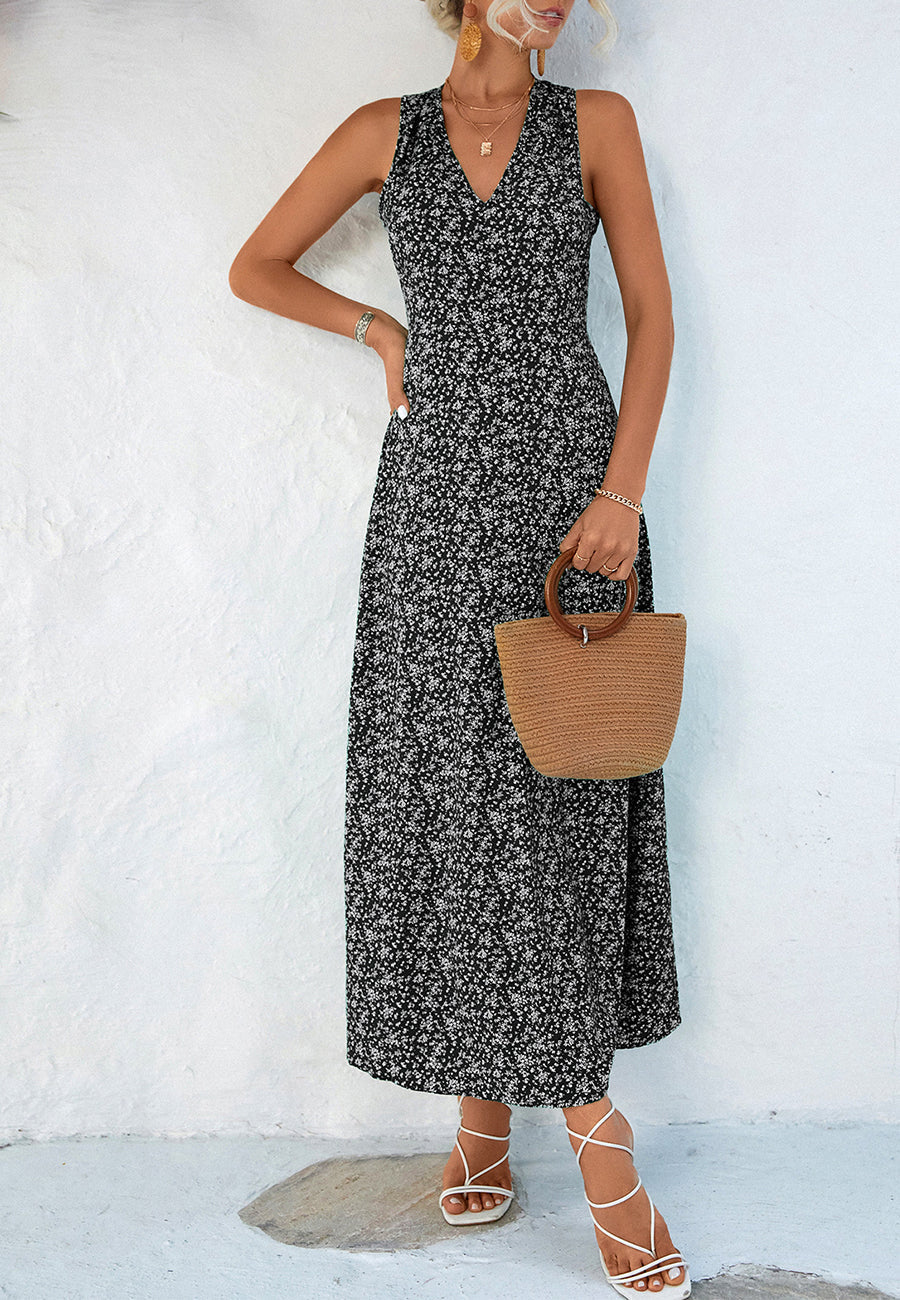 Floral Polyester Dress with Halter Neckline