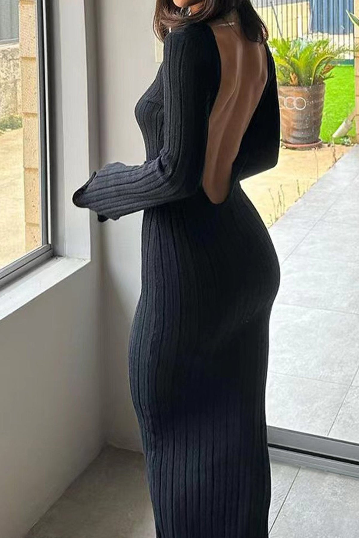 Ribbed Long Dress with Open Back