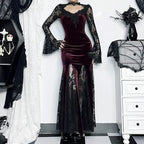 Patchwork Velvet Long Sleeve Midi Dress Red / S