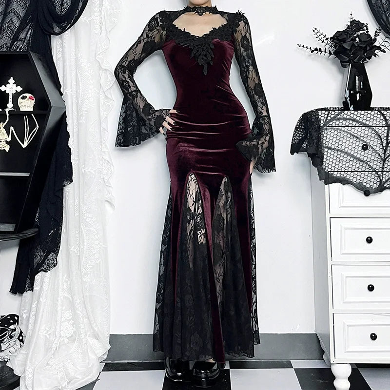 Patchwork Velvet Long Sleeve Midi Dress Red / S