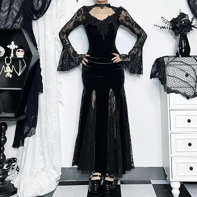 Patchwork Velvet Long Sleeve Midi Dress Black / S Main image