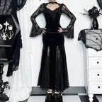Patchwork Velvet Long Sleeve Midi Dress Black / S