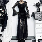 Patchwork Velvet Long Sleeve Midi Dress