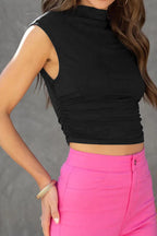 Mock-Neck Cropped Tank Top with Smocked Details