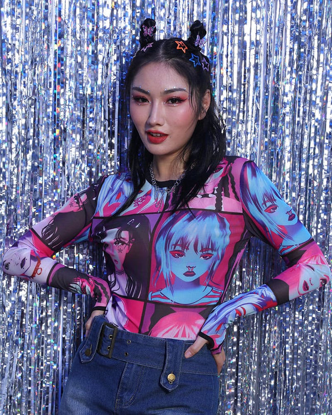 Mesh Polyester Top with Anime Graphics Main image