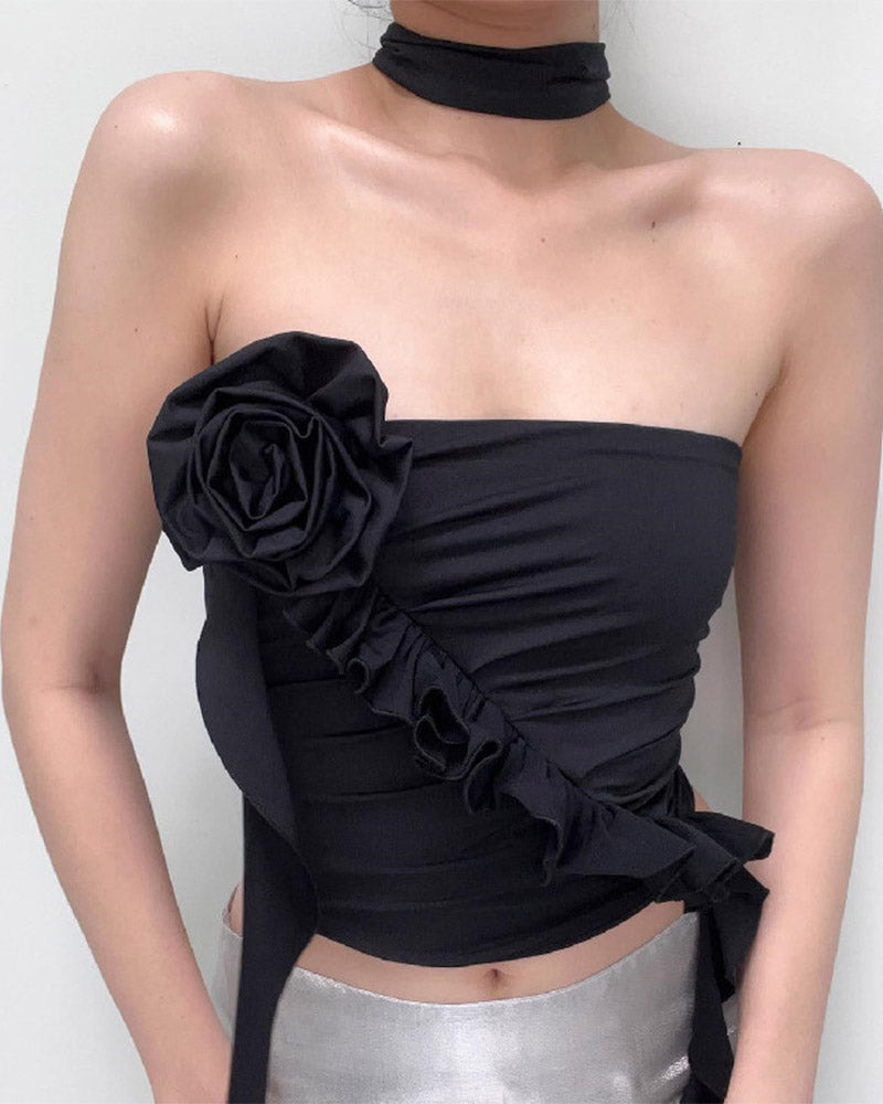 Rose-Detail Floral Off-Shoulder Top