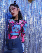 Mesh Polyester Top with Anime Graphics