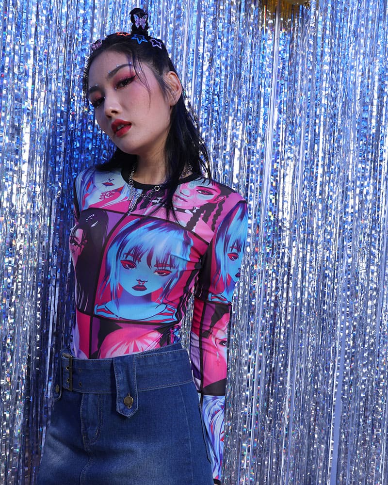 Mesh Polyester Top with Anime Graphics