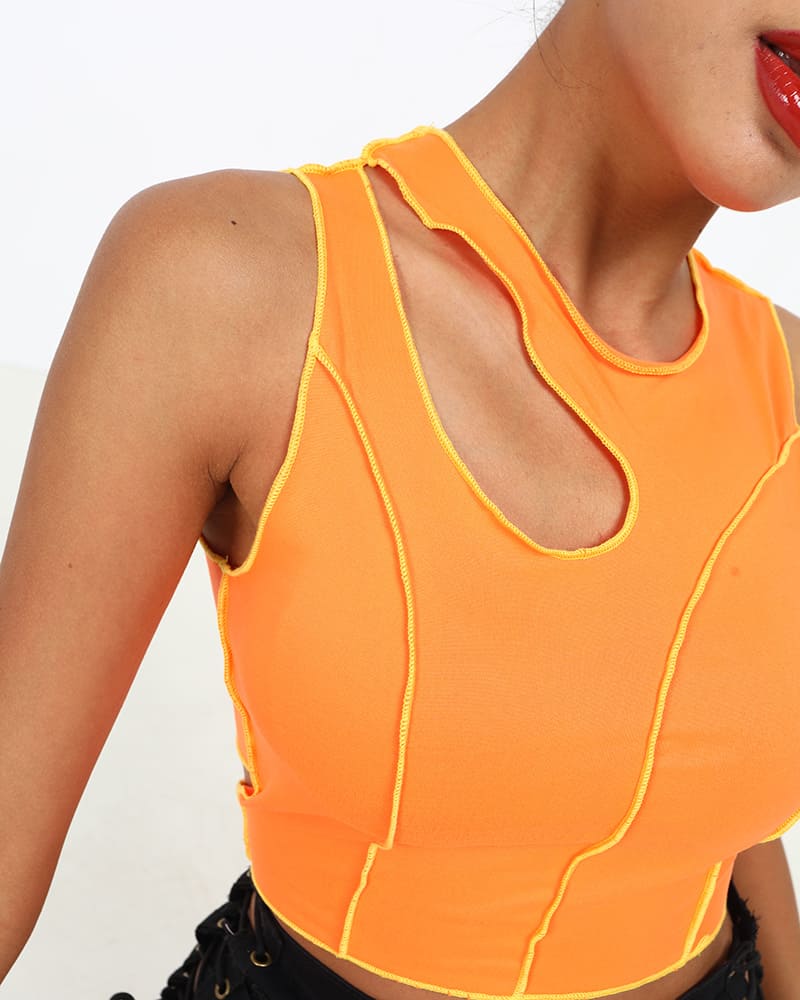 Lettuce-Edge Polyester Tank Top with Panel Details