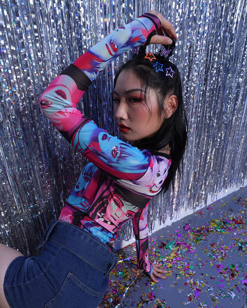 Mesh Polyester Top with Anime Graphics