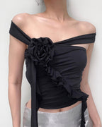 Rose-Detail Floral Off-Shoulder Top