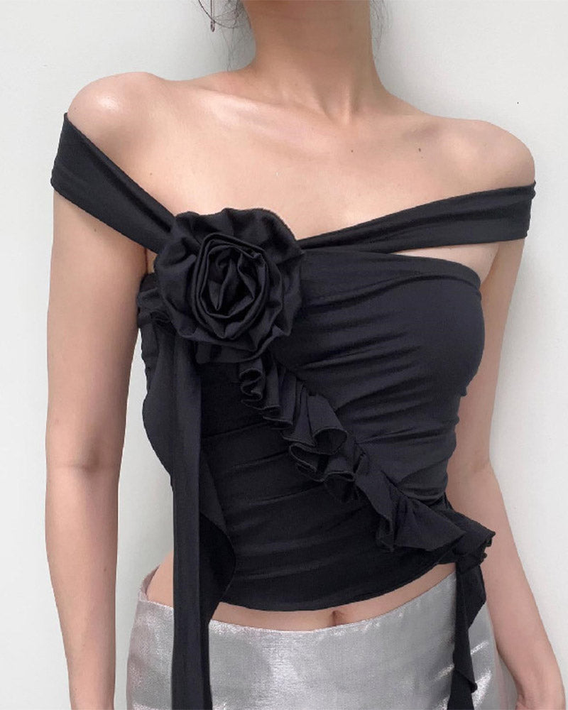 Rose-Detail Floral Off-Shoulder Top