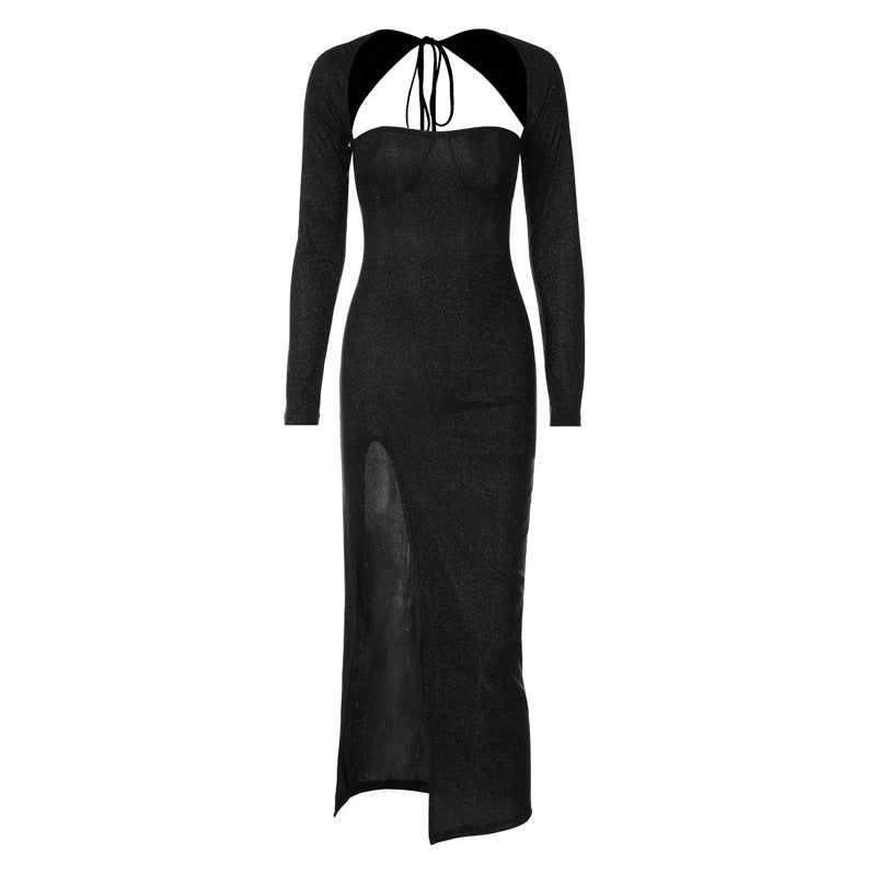 Knit High-Slit Dress with Glitter Detail