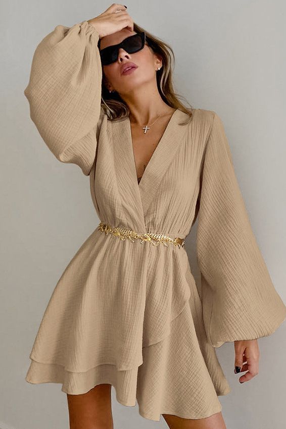 Cotton Slim-Fit Dress with Lantern Sleeves