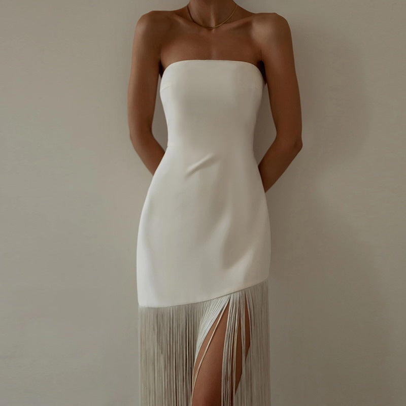 Fringe-Detail Dress with Slit Detail