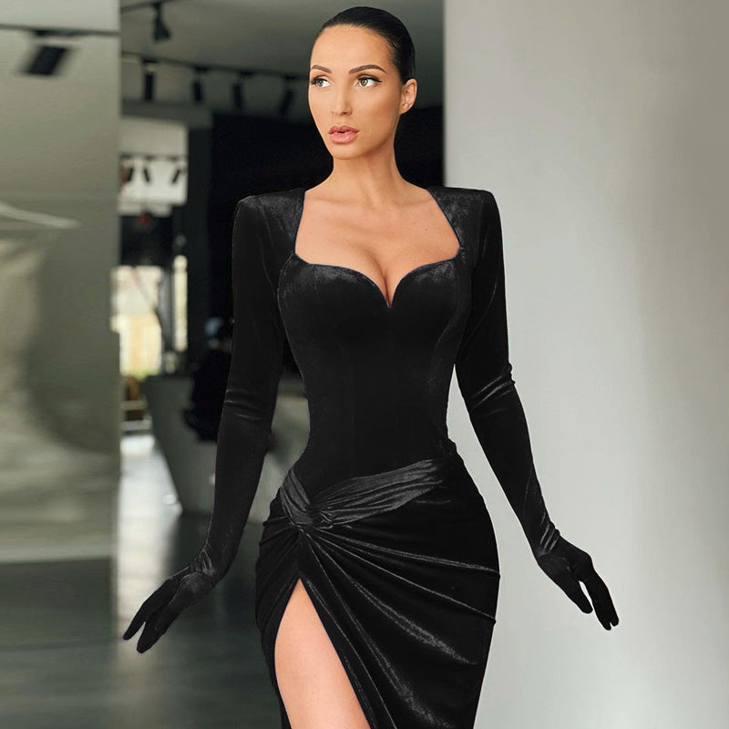 Velvet Velvet-Look High-Slit Maxi Dress